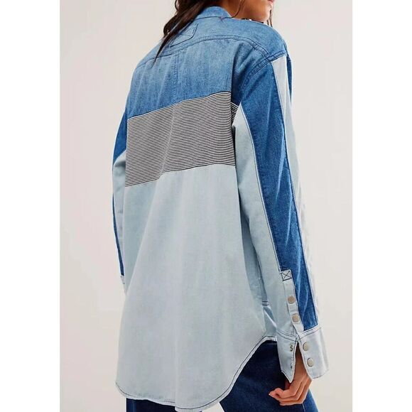 We The Free OB1801414 Women Sz XS Blue Combo Moto Colorblock Denim L/S Shirt - Picture 10 of 10